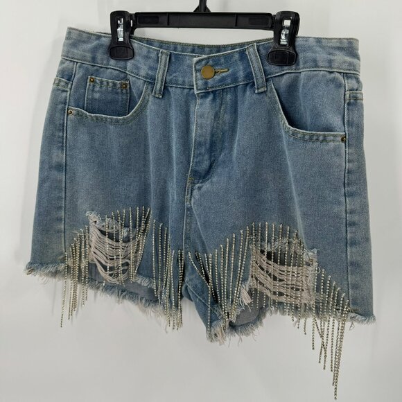 PTKPCC Womens Distressed Denim Shorts With Rhinestone Fringe XL - Picture 1 of 5
